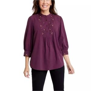 NWT Knox Rose Embroidered Bishop Peasant Blouse Plum Passion